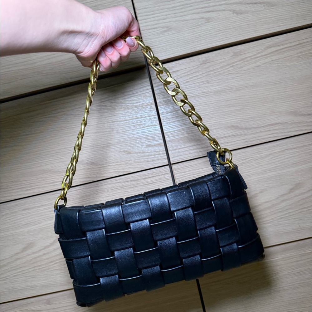 Marshalls Black and Gold Shoulder Bag with Woven Leather